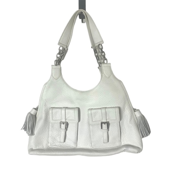 White Genuine Leather Brooks Brothers Tassel Zipper Gusset Handbag - Picture 1 of 16